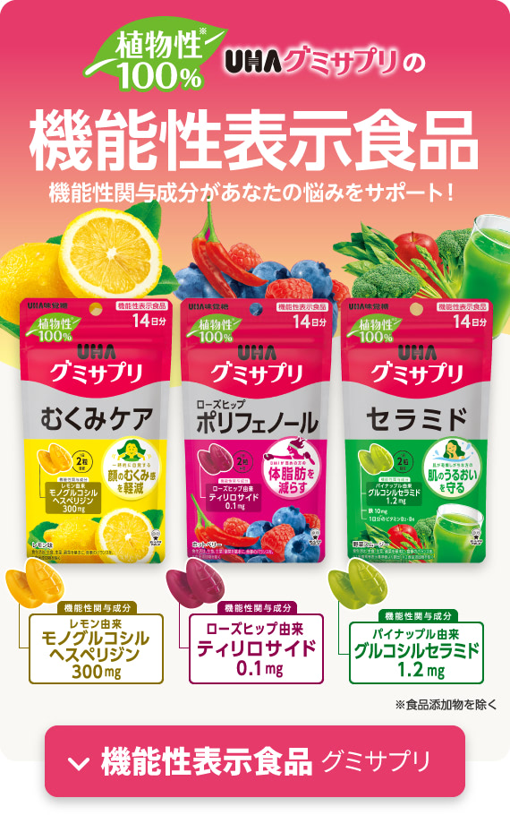 植物性100% 機能性表示食品 機能性関与成分があなたの悩みをサポート! 機能性表示食品グミサプリ↓