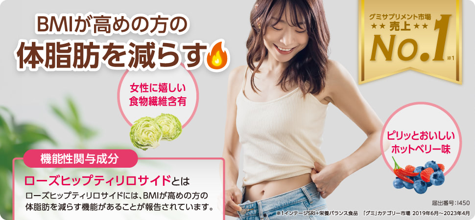 BMIが高めの方の体脂肪を減らす ［機能性関与成分］ローズヒップティリロサイドとは ローズヒップティリロサイドには、BMIが高めの方の体脂肪を減らす機能があることが報告されています。